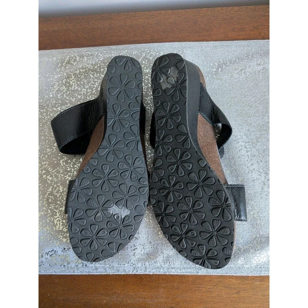 Aetrex Marilyn Womens US 10.5-11 EU 42 Shoes Black Leather Wedge Sandals Comfy